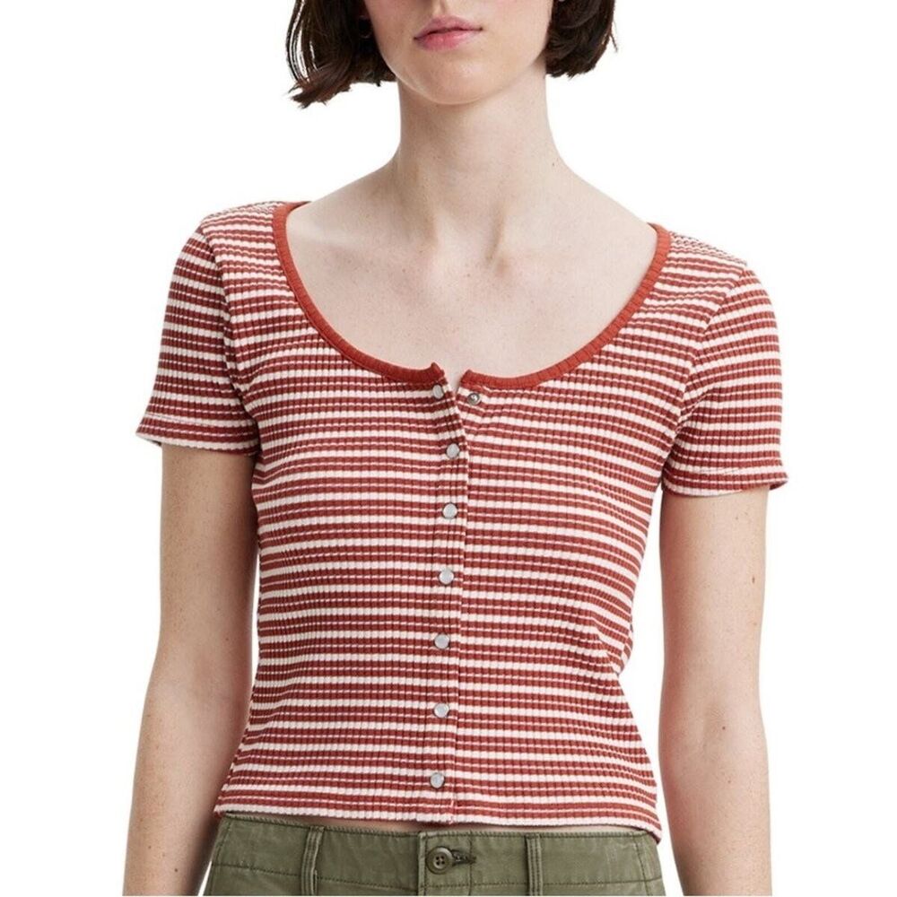 Levi's Women's 100% Cotton Stripe Short Sleeve Britt Snap Front Ribbed Top XS